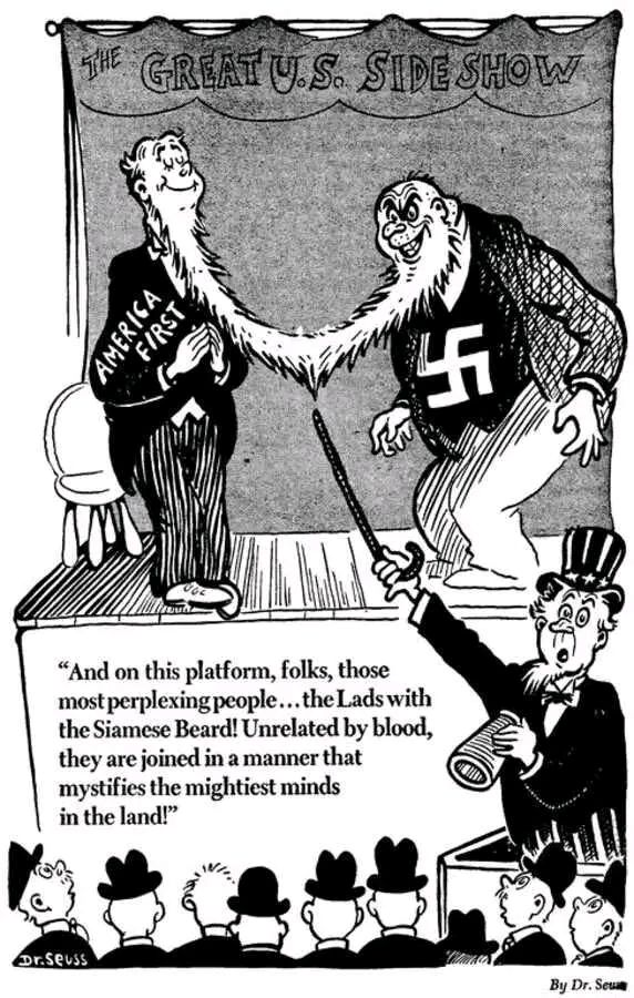 “And on this platform, folks, those most perplexing people... the Lads with the Siamese Beard! Unrelated by blood, they are joined in a manner that mystifies the mightiest minds in the land!”

Dr. Seuss 1941. 
Special Collections and Archives, UC San Diego Library.