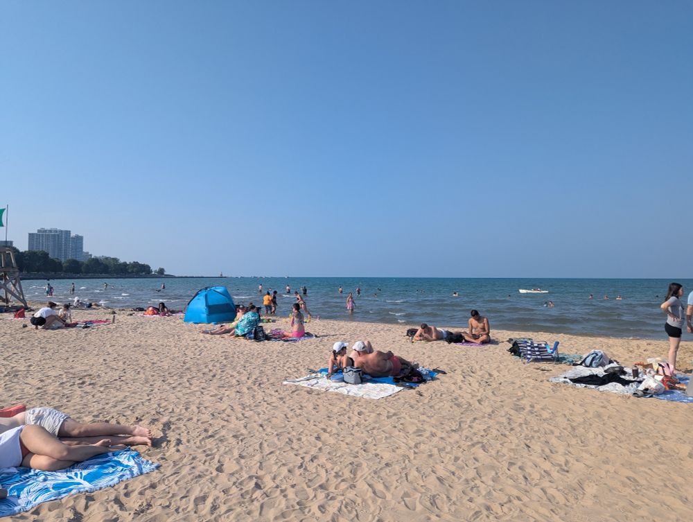 Foster Beach in Chicago. Sandy Beach with clear blue sky.