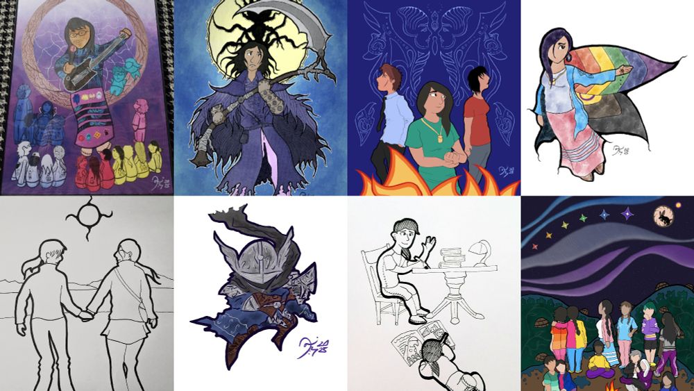 Artwork by Danilynn Jiibay (2025)

Top row: Grandmother, Bloodborne, Firekeeper's Daughter, Pride self portrait.

Bottom row: Love, Wylder from Nightreign, Uncle, Bay Mills two-spirit commission.