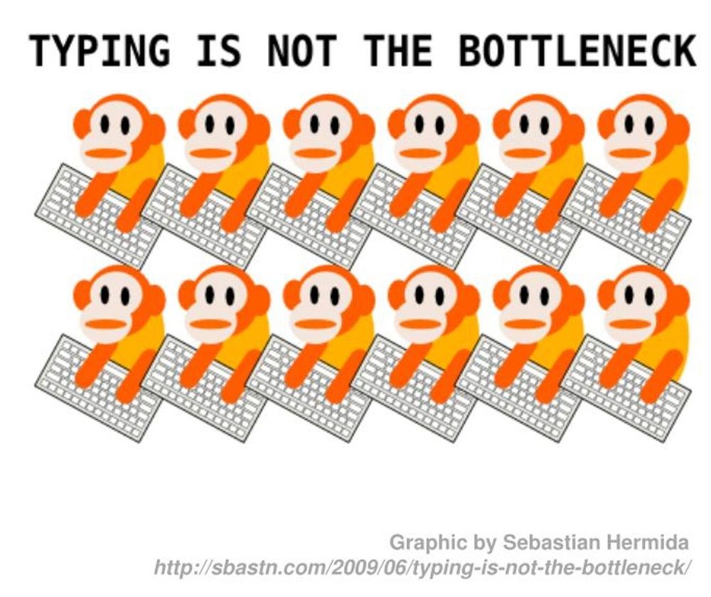 Cartoon image of monkeys with keyboards with the title "Typing is not the bottleneck"