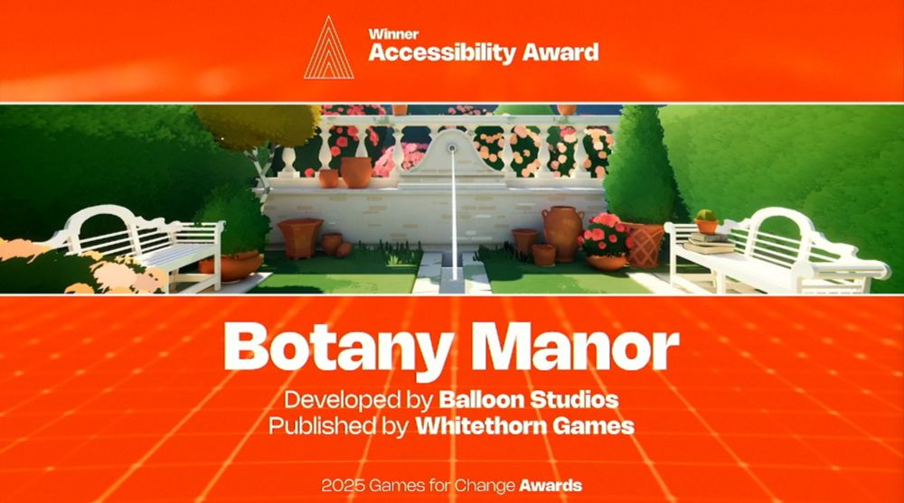 A screenshot of Botany Manor showing a fountain and garden benches, with the text it won an accessibility award