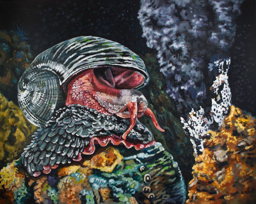 A large black and pink snail rests on a colorful hydrothermal vent outcrop with a plume of billowing black smoke in the background.16x20 acrylic on canvas, illustration for the upcoming children’s book “The Unusual Ocean, Who Lives in the Deep” #SciArt #hydrothermalvent #scalyfootgastropod 