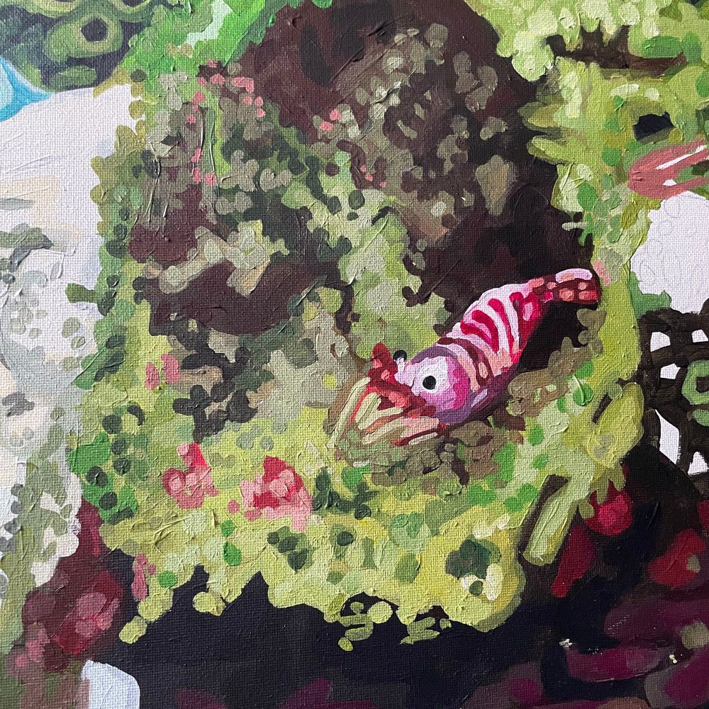 An in progress impressionist painting of shrimp in a cold water coral and sponge garden, part of a series based on deep water corals off the coast of Alaska. Acrylic on canvas, #painting #impressionist #modernimpressionism #artist 🦑🐡 #acryliconcanvas 