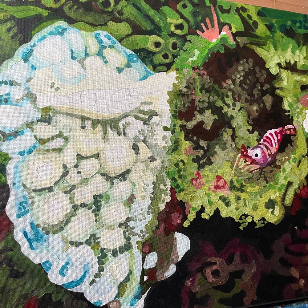 An in progress impressionist painting of shrimp in a cold water coral and sponge garden, part of a series based on deep water corals off the coast of Alaska. Acrylic on canvas, #painting #impressionist #modernimpressionism #artist 🦑🐡 #acryliconcanvas 
