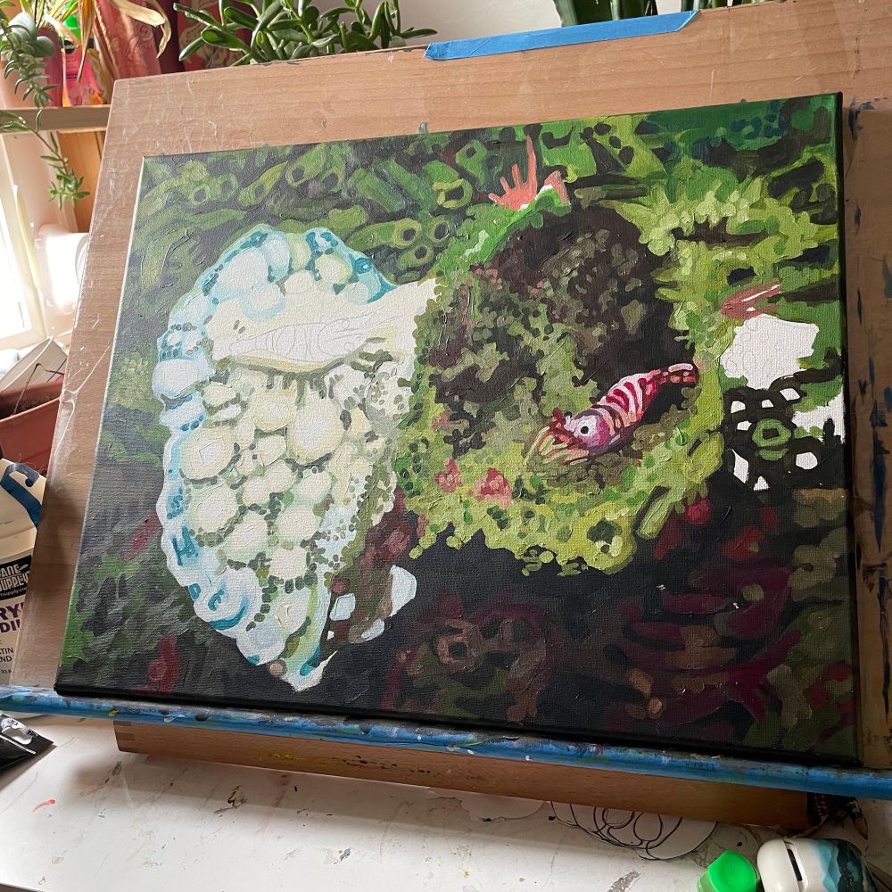 An in progress impressionist painting of shrimp in a cold water coral and sponge garden, part of a series based on deep water corals off the coast of Alaska. Acrylic on canvas, #painting #impressionist #modernimpressionism #artist 🦑🐡 #acryliconcanvas 
