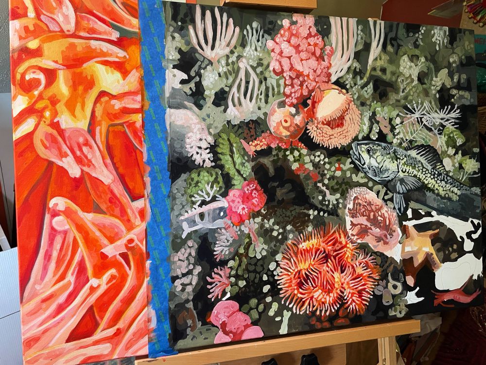 A painting featuring modern impressionist renditions of deep sea corals, sponges, anemones, and starfish, depicted with oranges, greens pinks and red acrylic on canvas. #deepsea #deepseacorals #deepocean 🐡🦑#painting #acrylic