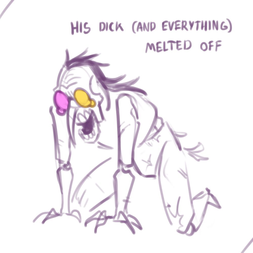 a digital sketch of Spam, silicone melted off by acid leaving him much skinnier and null, his face reminiscent of a skull. the text next to him says "his dick (and everything) melted off"