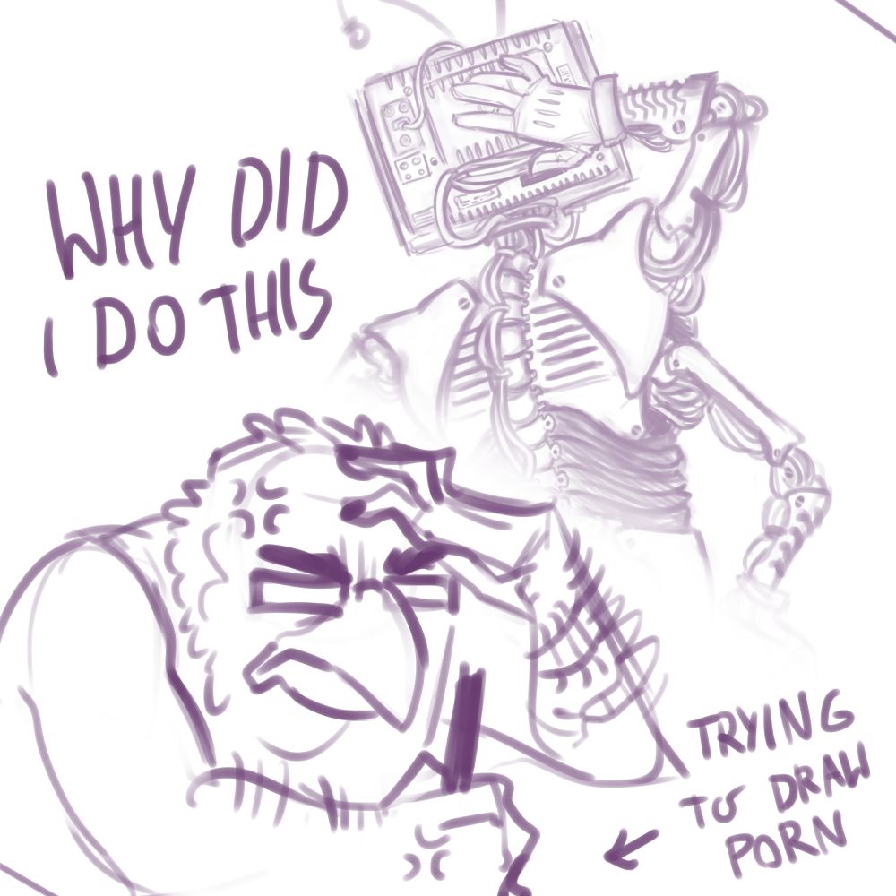 a digital sketch drawn in purple of op's sona (a hairy, fat, tattooed person with a sparrow head) angrily gripping a pen with a half transparent drawing of op's overcomplicated Tenna design in the background (tangles of wires everywhere). the text says "WHY DID I DO THIS" and "<- trying to draw porn"