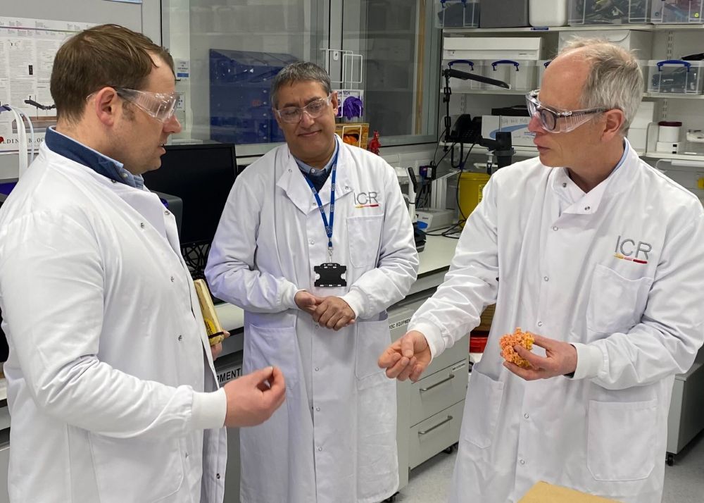 Luke Taylor MP with Dr Amin Mirza and Professor Swen Hoelder in the ICR's Centre for Cancer Drug Discovery. The ICR researchers are showing Luke some 3D printed molecules to illustrate how our researchers try to discover drugs that target specific cancer proteins. They are in lab coats and safety specs.