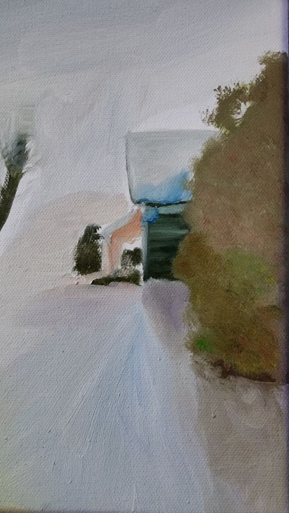 Oil painting of the side of a house partially hidden behind a bush.