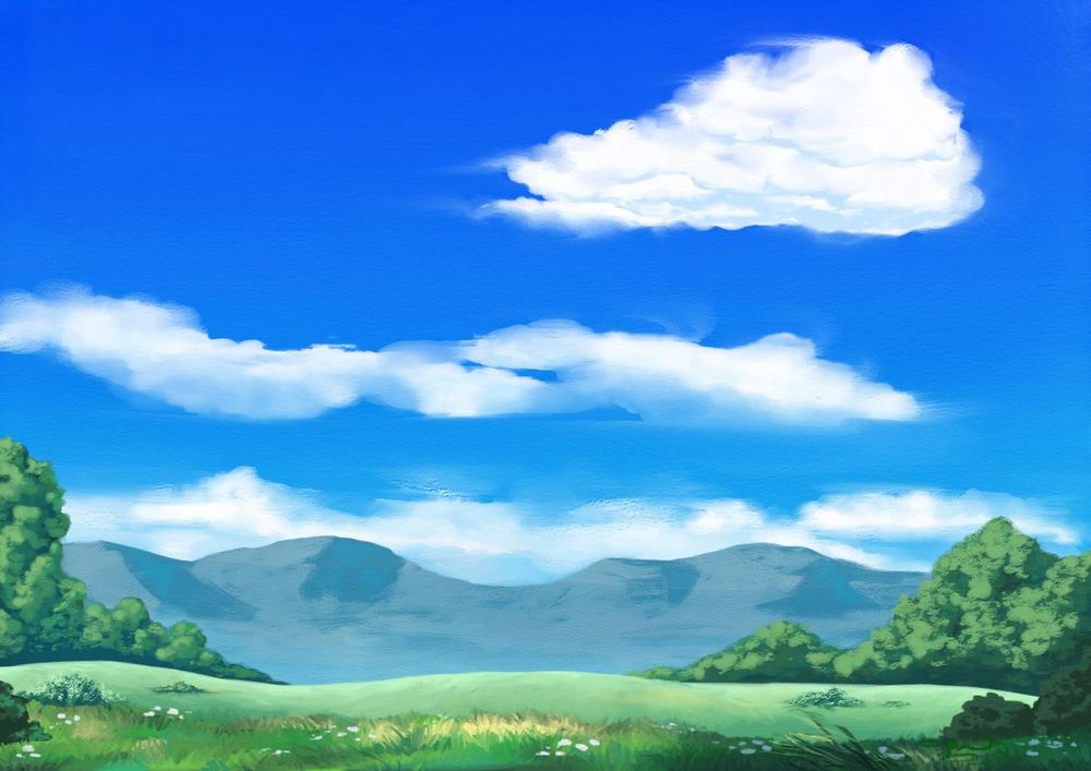 Background I created on Rebelle 7 using a ghibli style digital painting tutorial by @tobyfoxart.bsky.social. Pic features bright blue sky with a few bright clouds, rolling grassy hills with scattered foliage, and distant mountains. 
