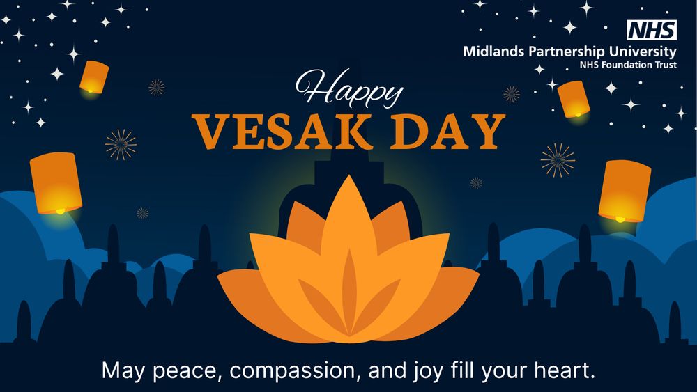 An orange lotus flower in the centre with a generated night sky behind. Text reads 'Happy Vesak Day'