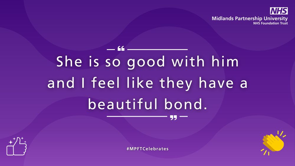 Purple background. Text reads 'She is so good with him and I feel like they have a beautiful bond.'