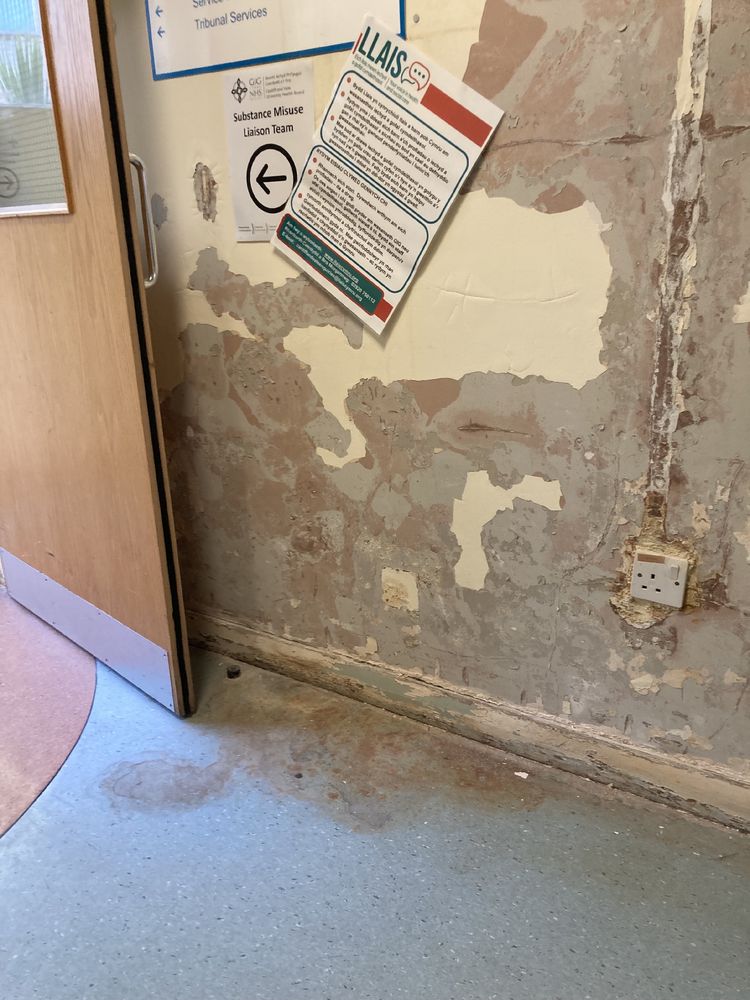 Lower part of an interior wall showing water damage to the wall and floor