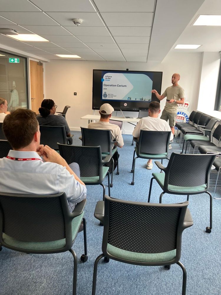 Seb attending a BTP briefing for officers