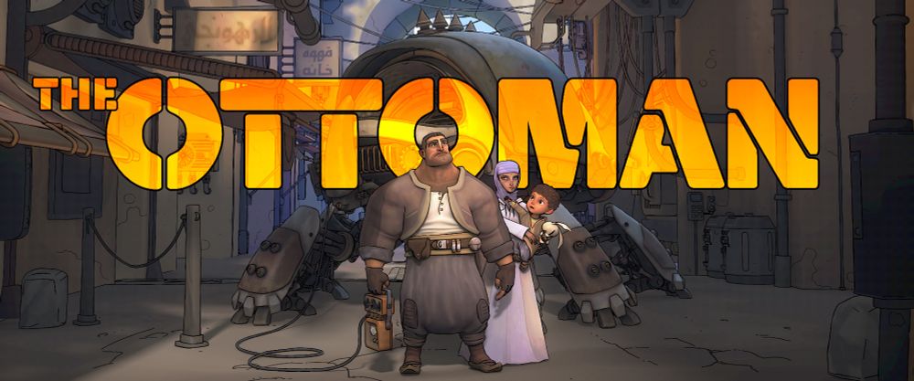 A widescreen movie poster for “The Ottoman,” featuring the Ottoman, his wife and son standing in front of their armored mech in the medina. The title of the film, in gigantic translucent orange letters, is superimposed in the mid-ground, with the characters’ heads obscuring it at the bottom.