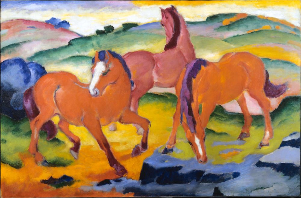 Franz Marc painting of three horses in a rolling field