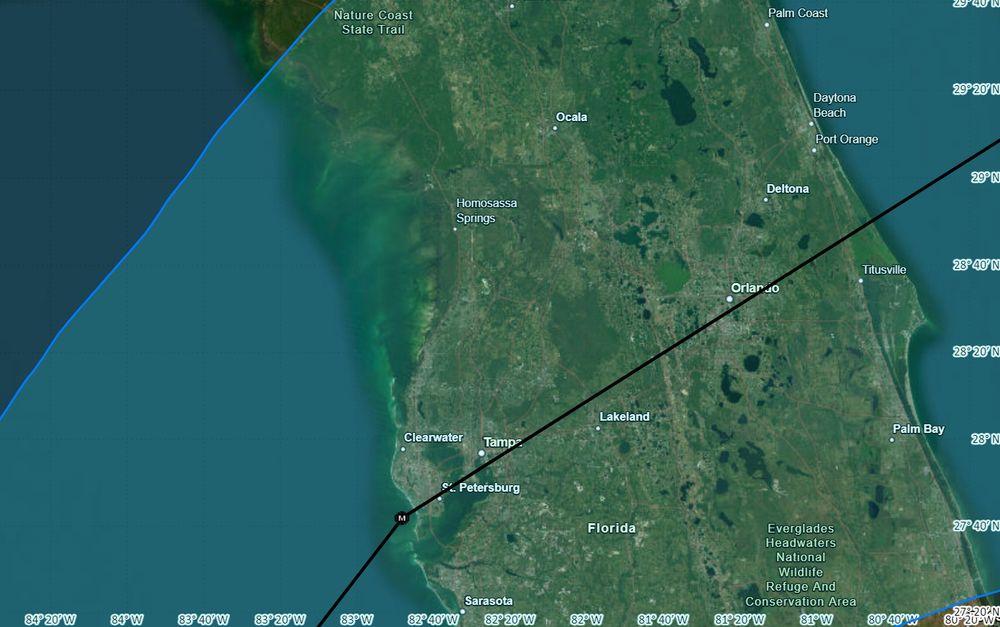 Track of Hurricane Milton passing over Florida from Tampa to Titusville.