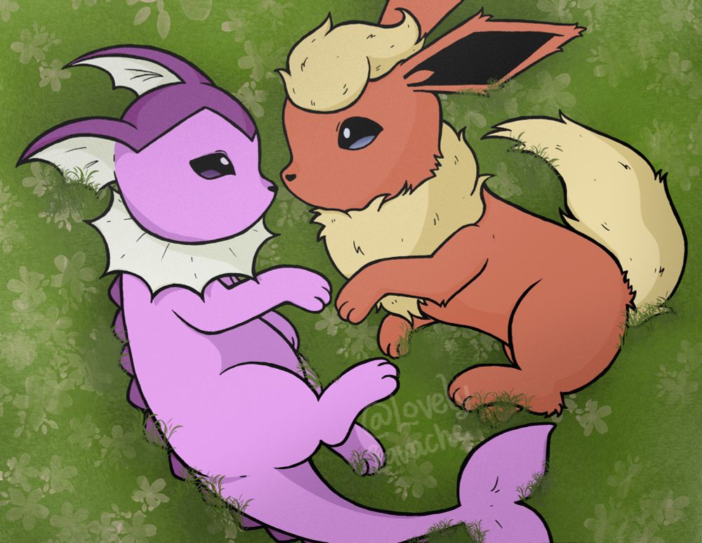 A shiny pink Vaporeon and a pale Flareon laying in grass and flowers staring at each others