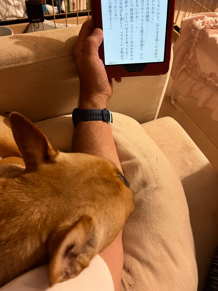 Pumpkin, my French bulldog, resting her head on my arm as I read a book on kindle 