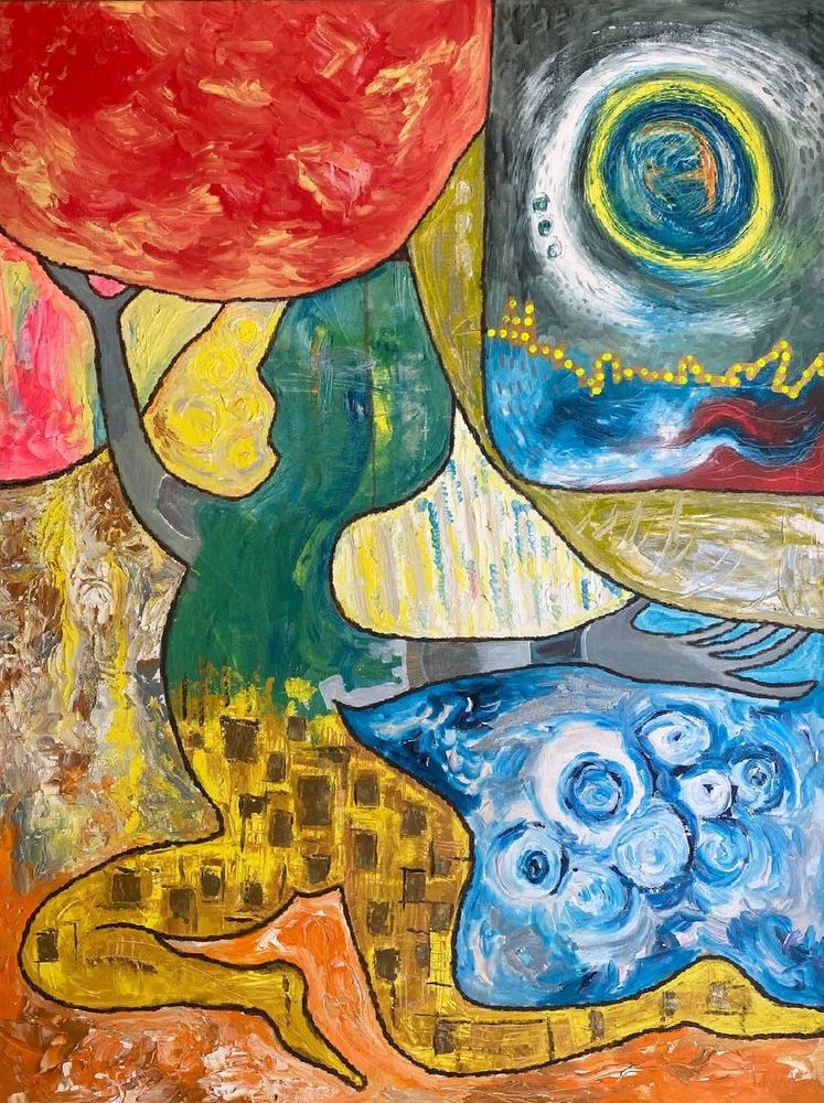 Colourful abstract of a being holding up spheres that threaten to crush them