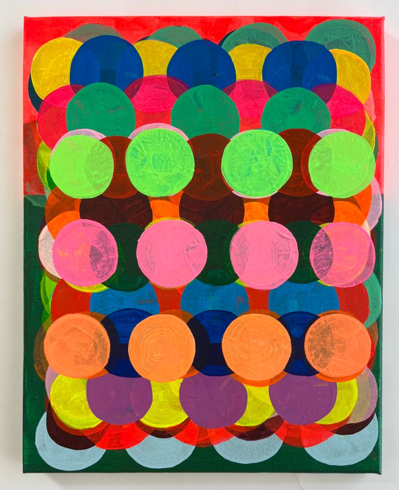 This piece has been a constant pal as a color meditation/warm up. I add a row of “dots” (usually before I start on current WIPs), building layers + depth, playing with transparency, dimension and color. It’s reminding me to stay in the process over product mode.