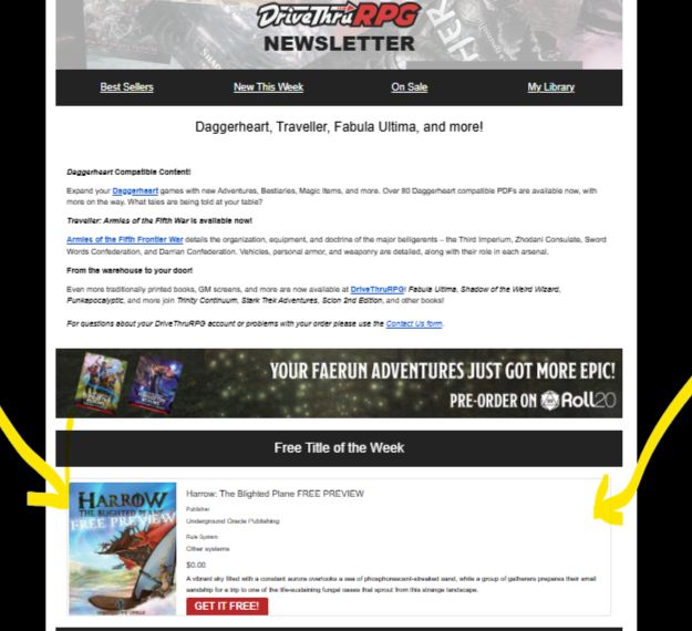Screencap of the Drivethru RPG newsletter. I put two arrows pointing toward the spot where the Harrow: The Blighted Plane free preview feature is. 