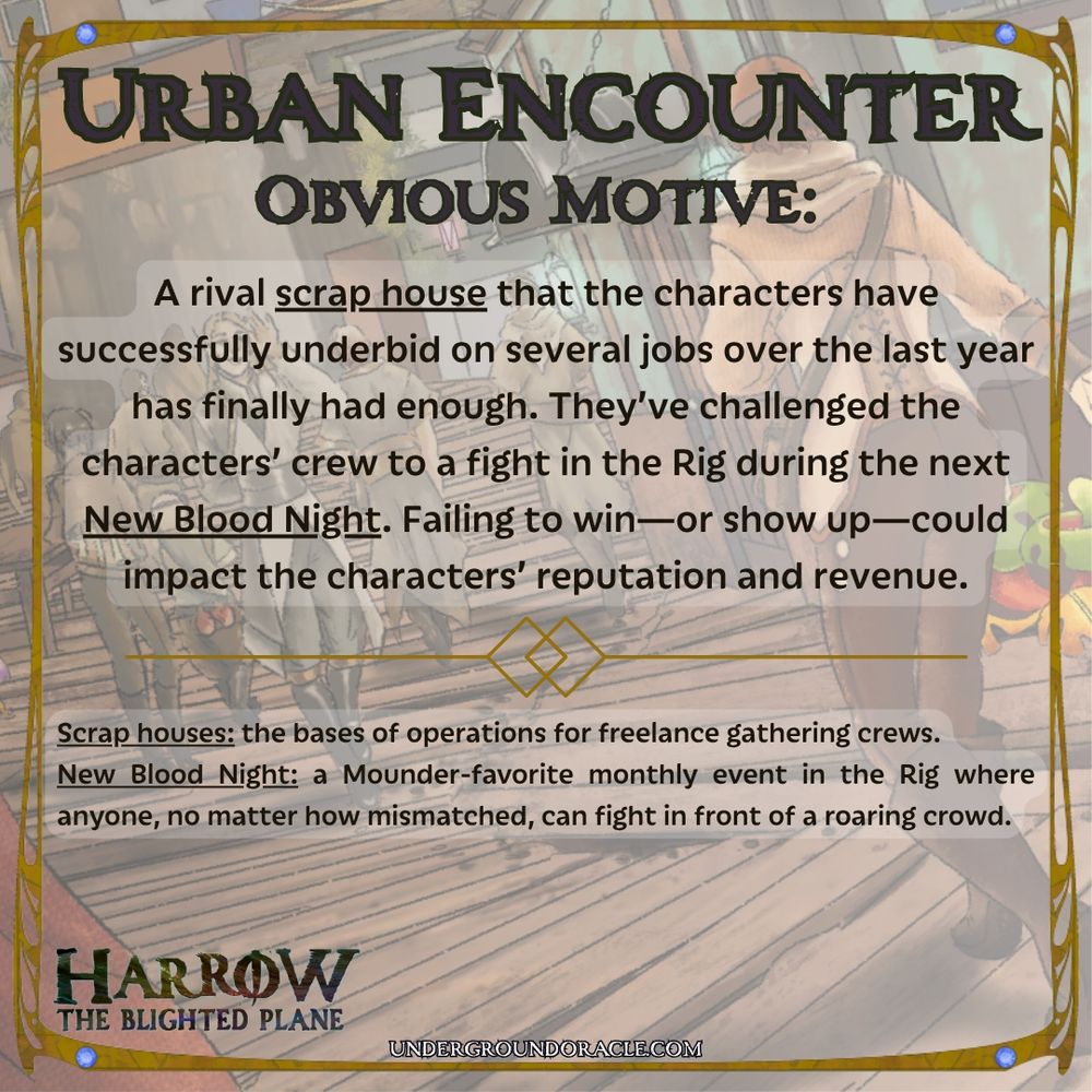 A card for Harrow: The Blighted Plane from Underground Oracle Publishing. It reads: Obvious Motive: A rival scrap house that the characters have successfully underbid on several jobs over the last year has finally had enough. They’ve challenged the characters’ crew to a fight in the Rig during the next New Blood Night. Failing to win—or show up—could impact the characters’ reputation and revenue.