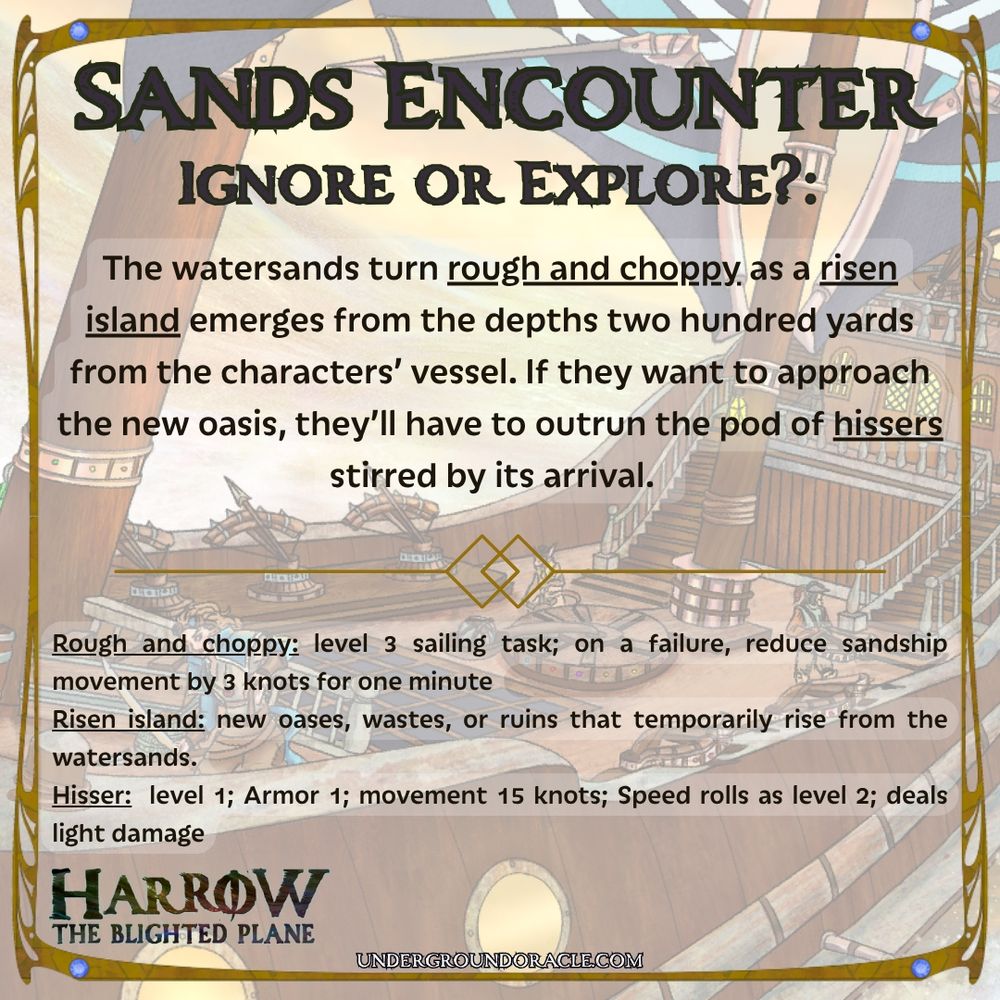 A card for Harrow: The Blighted Plane from Underground Oracle Publishing. It reads: Ignore or Explore?: The watersands turn rough and choppy as a risen island emerges from the depths two hundred yards from the characters’ vessel. If they want to approach the new oasis, they’ll have to outrun the pod of hissers stirred by its arrival.  