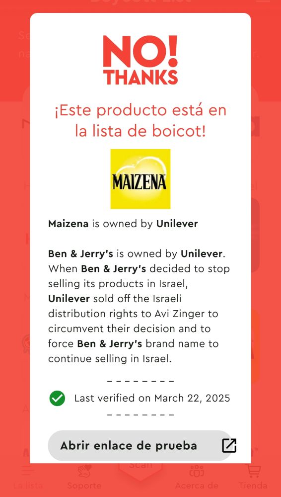 Maizena apareciendo en la lista de boicot a empresas que apoyan a israel en la app "no thanks".