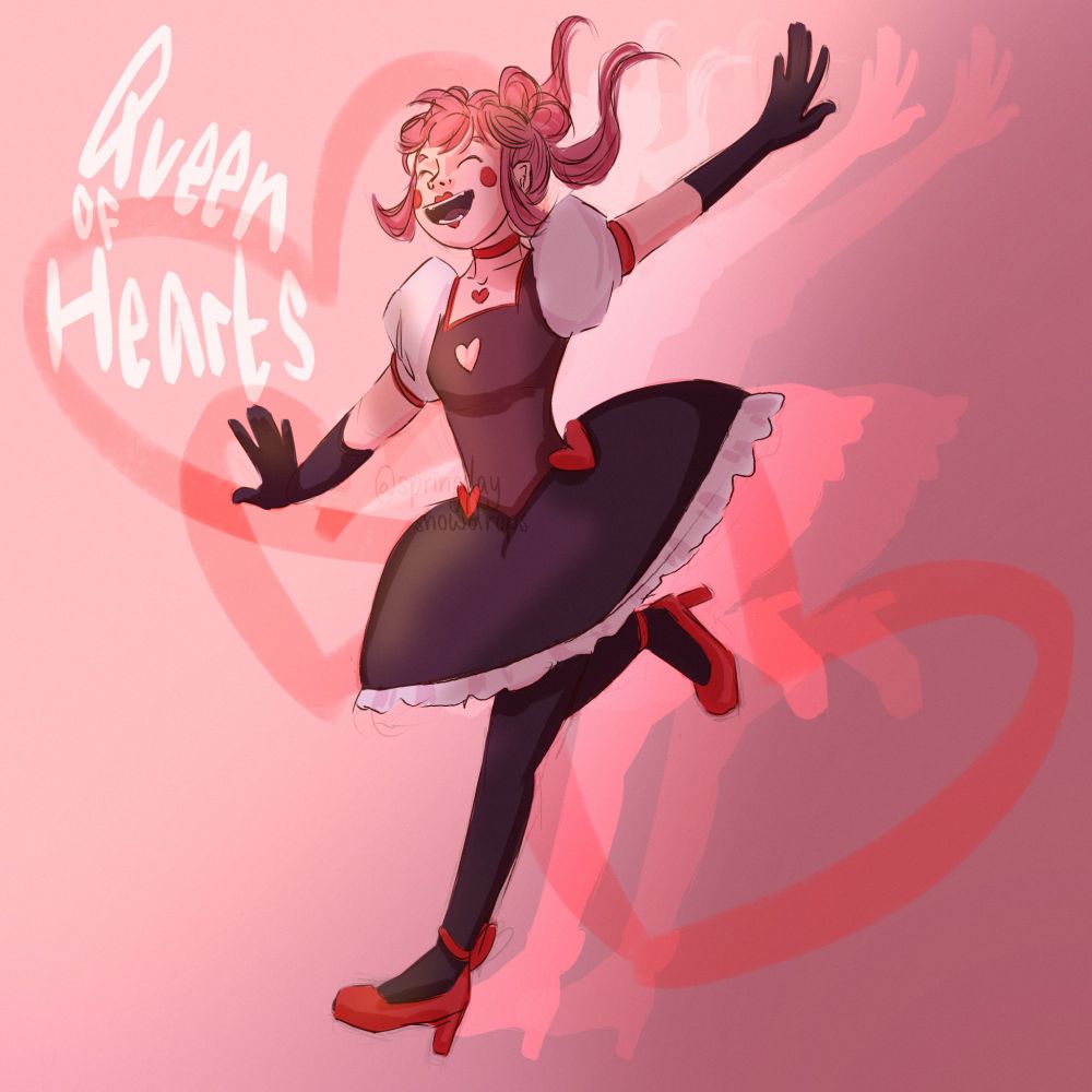 A cartoon-ish style drawing of a young white woman with pink hair. She is wearing a dress with white puff sleeves and a black tutu shaped skirt with a petticoat. Her shoes are red and her lips are red and heart shaped. The background is pink with a heart pattern, and writing reading "Queen of Hearts".