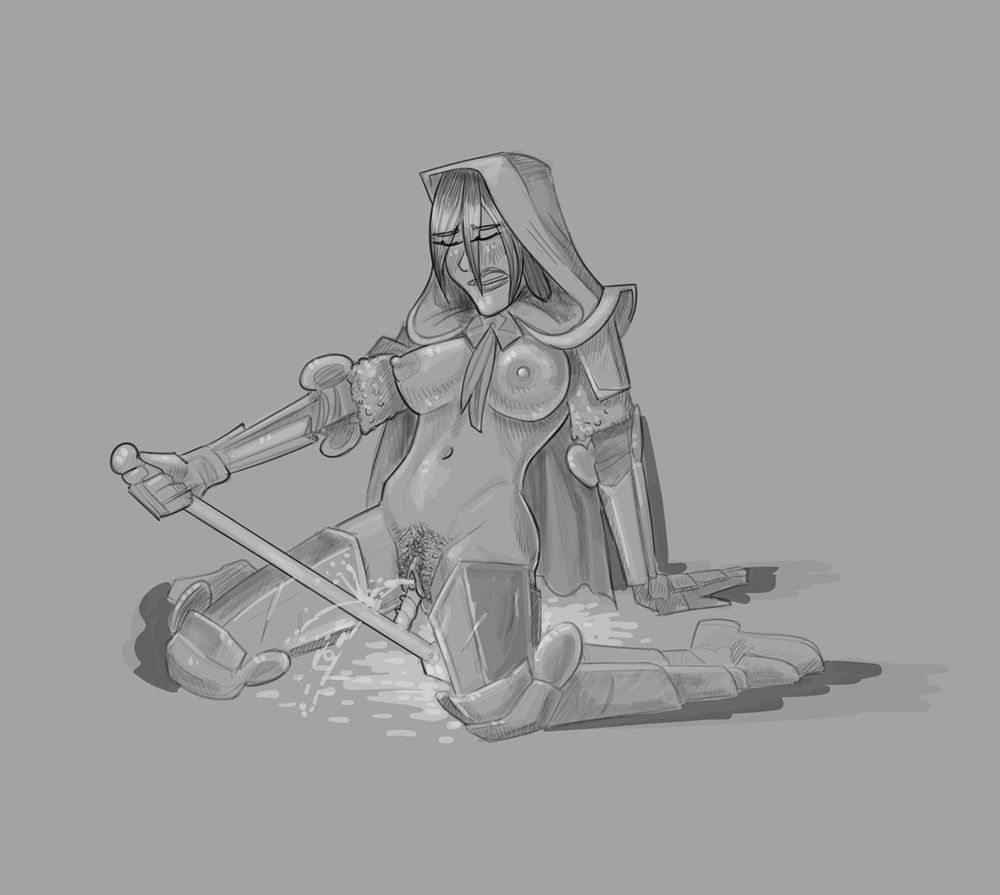 A Tarnished astrologer, wearing only greaves, gauntlets, and hood, using the handle on her astrologer staff as it was no doubt originally intended.