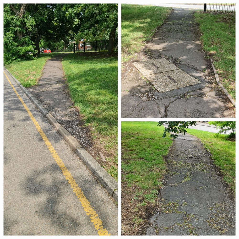 A collage of 3 photos showing the previous poor condition of a footpath on Harmondsworth Road.