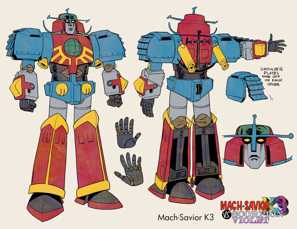 a model sheet of a retro-style super robot, labelled "Mach-Savior K3"
