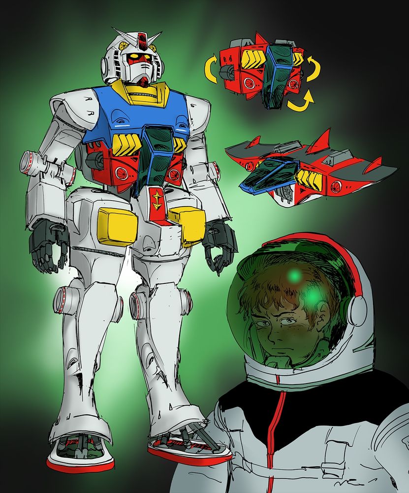 a digital illustration of a redesign of the rx-78-2 gundam, its core fighter, and amuro ray in a bulky spacesuit