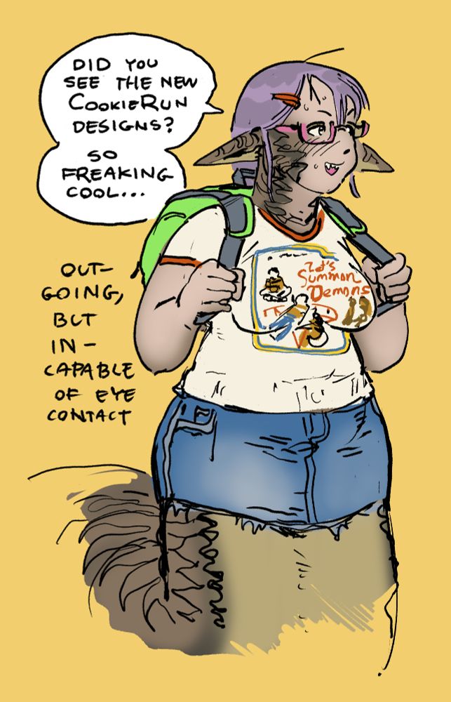 a digital illustration of a fat snake (tsuchinoko) girl looking to the side, saying "did you see the new cookierun designs? so freaking cool...", labelled with text that says "outgoing, but incapable of eye contact"