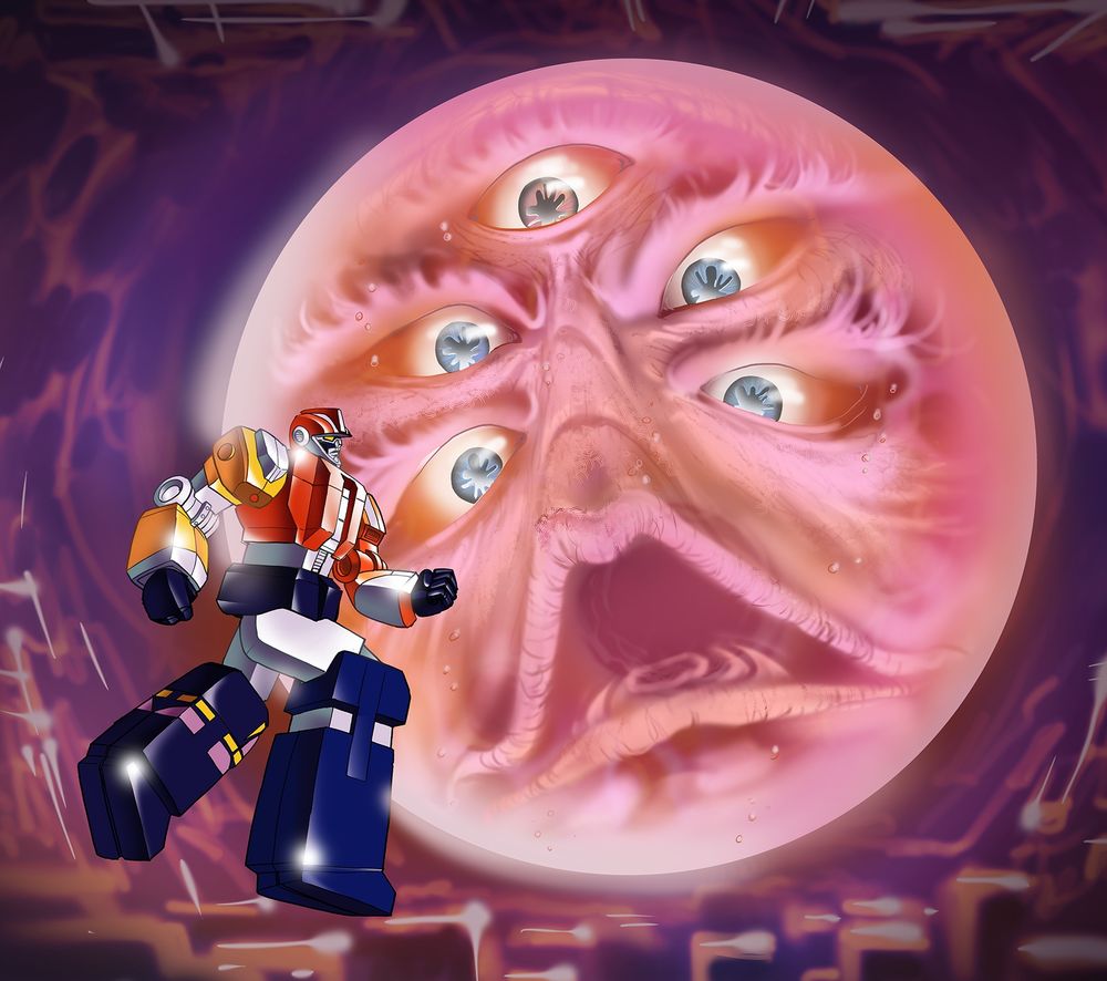 a digital illustration of Mighty Orbots facing off against the monstrous Lord Umbra