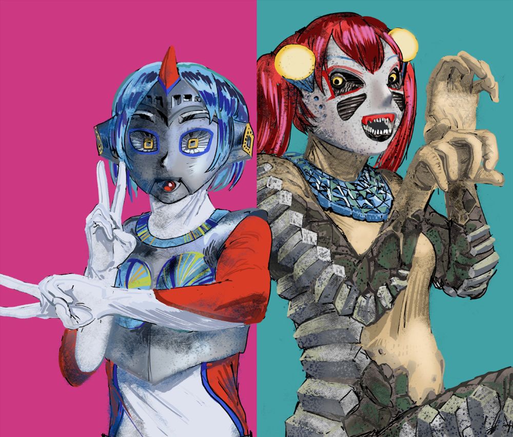a digital illustration of two characters, both inspired by animegao kigurumi and the tokusatsu character designs of tohl narita. one is more heroic and ultraman-looking, and the other has monstrous features