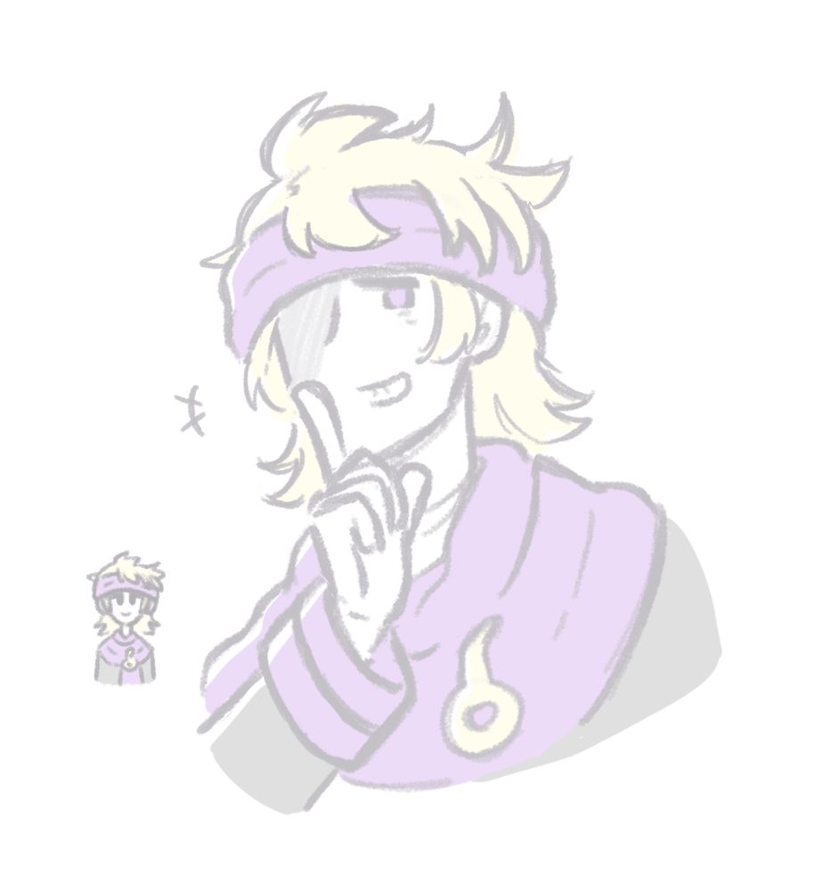 Bust doodle of Morty grinning mischievously and holding a finger up to his face in a "shush" motion.  Tiny doodle Morty is off to the side.