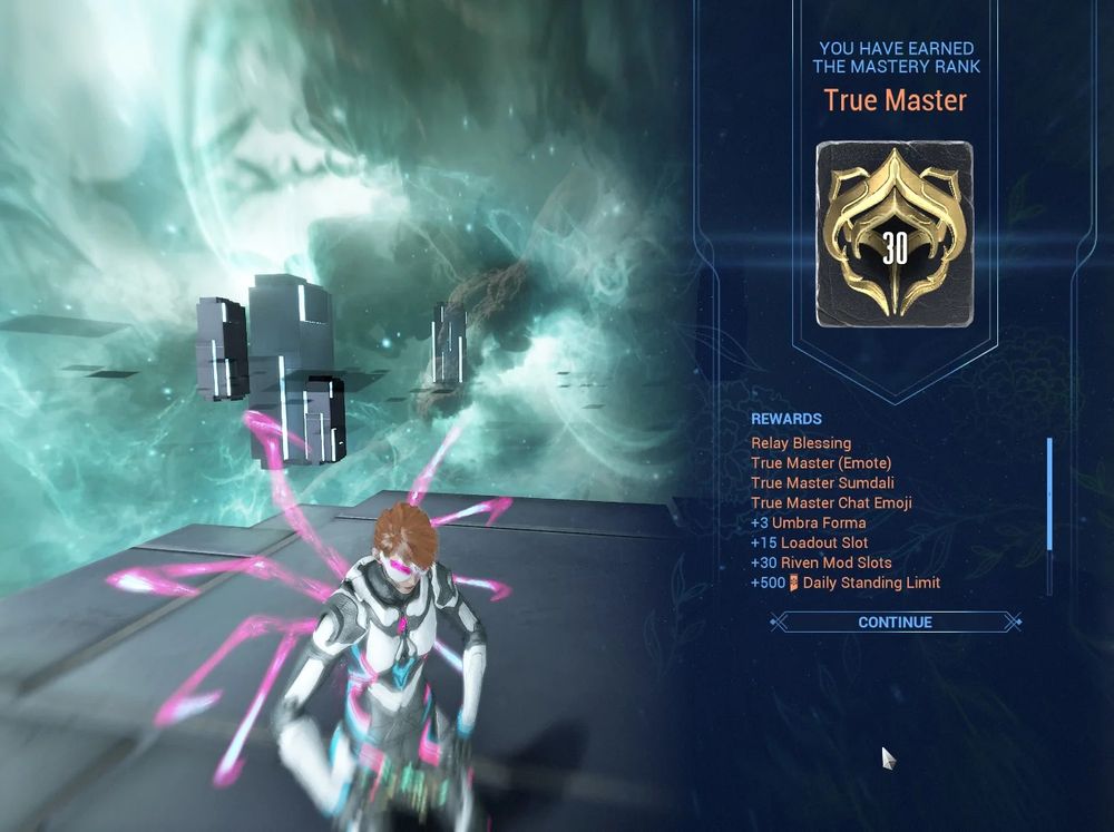 In-game screenshot from Warframe. Drifter is in a kneeling pose on the left side of the screen colored in Trans Pride colors with pink spider legs coming out of her back. The right side of the screen is alerting us that the player has just completed their Rank 30 test. Rewards are as follows: Relay Blessings, True Master Emote, True Master Sumdali, True Master Chat Emoji, plus Three Umbra Forma, plus Fifteen Loadout Slots, plus Thirty Riven Mod Slots, and plus Five Hundred Daily Standing Limit (the rest of the rewards are cut off as their was a scroll that the user did not see)