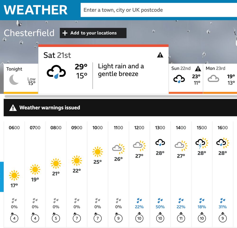 A screenshot of the bbc weather site. It shows that the weather this weekend will include rain along with a yellow weather warning of thunderstorms.