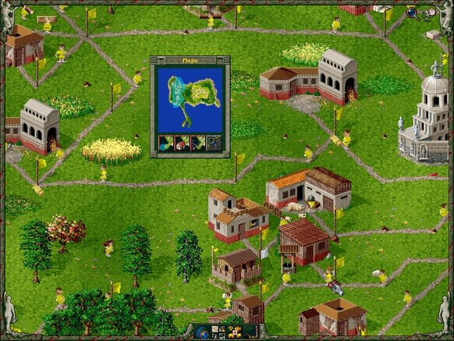 A screenshot of the Settlers 2 game, it's old and pixelly. The game shows various buildings including farms, woodcutters and barracks along with a road network between the buildings. Looked at closely you can see resources piling up outside buildings.