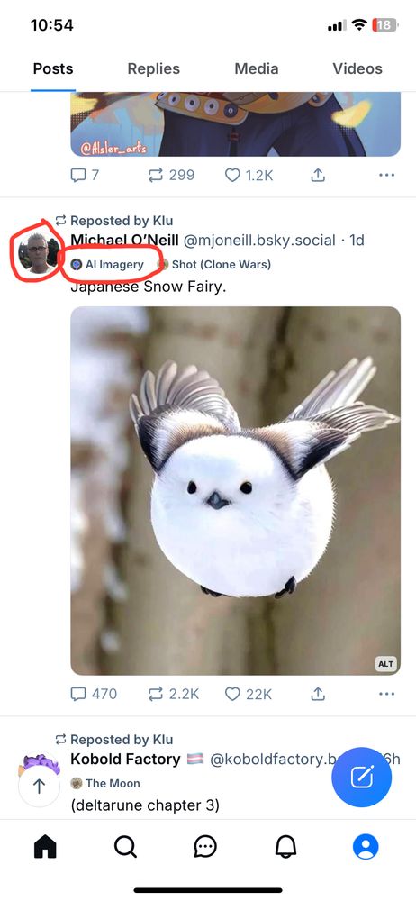 A screenshot of your Posts tab; the genAI pfp and AI Imagery label are circled