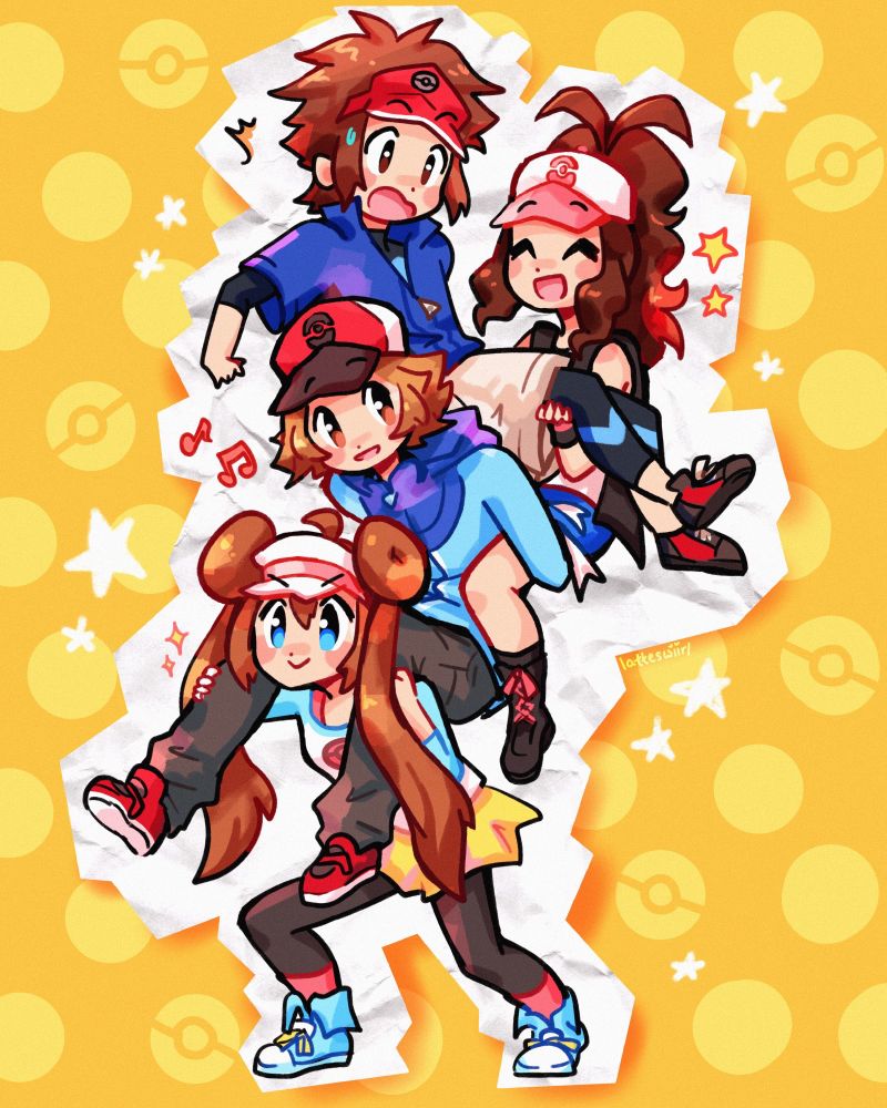 digital drawing of all the unova trainers sitting on top of each other's shoulders with rosa at the bottom carrying everyone