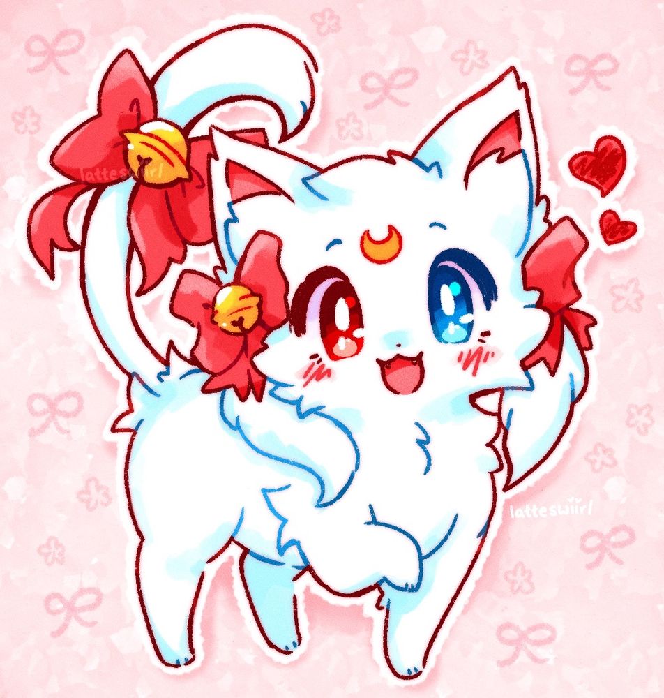 white cat with pink ribbons + bells and a crescent moon forehead character design owned by toyhouse user chikoritamoon (name: lunachii), background is light pink with a ribbon pattern