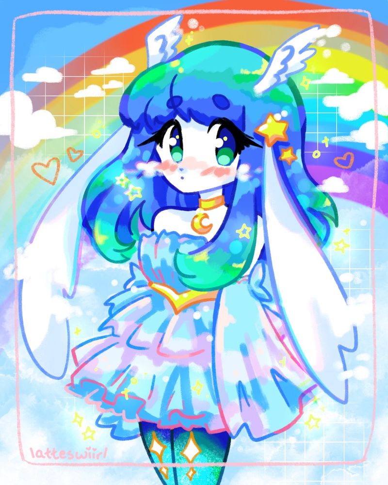 cloud rabbit character design by latteswiirl (name: nephele), background is a cloudy sky with a rainbow