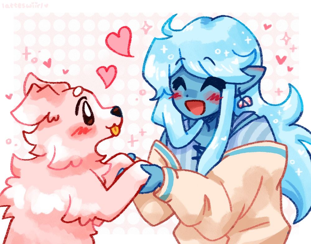 a pink dog (on the left) and a blue, long-haired, elf-eared alien character (on the right) holding hands/paws and smiling