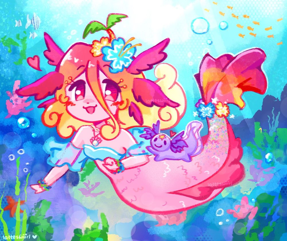 axolotl mermaid oc with her tiny purple axolotl friend under the sea