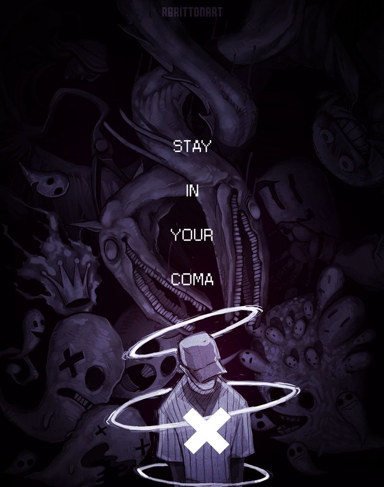 A big group photo of characters and enemies from the game OFF by mortis Ghost. The central figure is the main character and is known only as "the batter", he is dressed like a baseball player. His arms are at his side, his head droops down, a glowing X is floating in front of his chest, three rings float around his body sort of like ethereal glowing hula hoops. The picture is black and white with a slight purple hue to it. The characters behind the batter are enemies from the game, they look like a variety of mutated ghosts and sand worms. The enemies are shaded much darker than the central figure, like they are hiding in shadows behind the fallen "hero". There is text going down the center of the image that reads:

Stay

in

your

coma

which is directly above his head. 