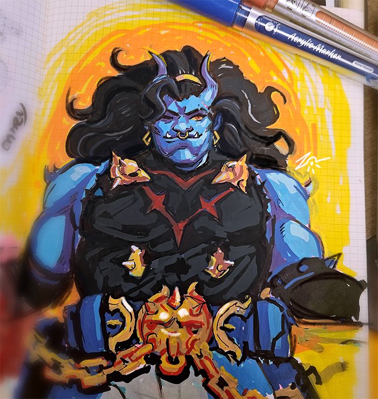 a photo of a graph lined notebook with a colorful acrylic marker drawing of a big muscled, horned, blue skinned demon man with gold jewelry, red eyes and a punk rock like fashion sense. he has a big belt with a huge buckle and gold chains hanging off it at his waist. 